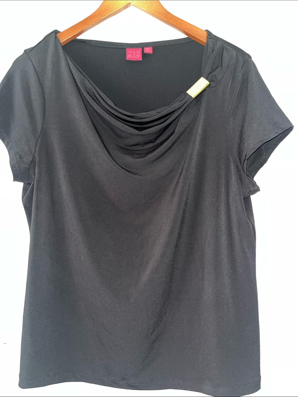 212 Collection Black Short Sleeve Cowl Neck Top with Gold Bar Detail